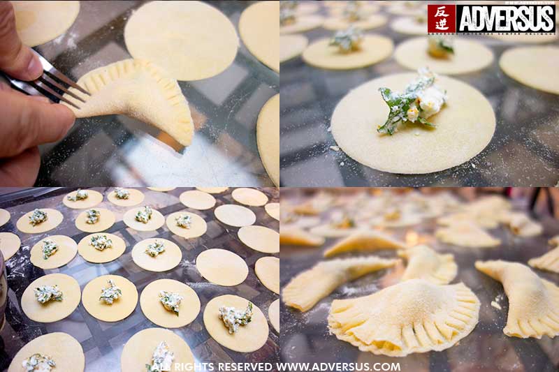 Zelf pasta maken. Ravioli met fetakaas en rucola.