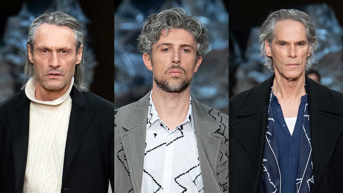 Haartrends man winter 2020. Lange, grijze haren zijn dé trend! Photo: courtesy of Neil Barrett