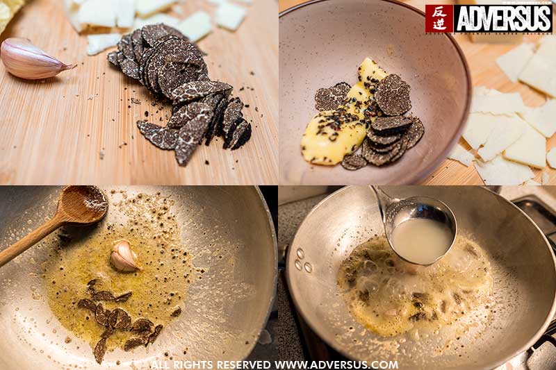 Zelf gemaakte pappardelle met zwarte truffel saus